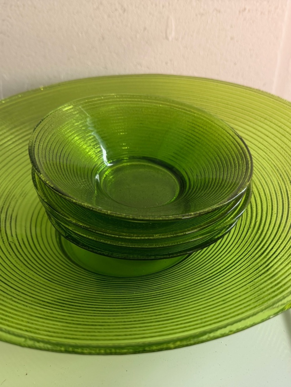 Green Glass MCM Salad bowl and bowls